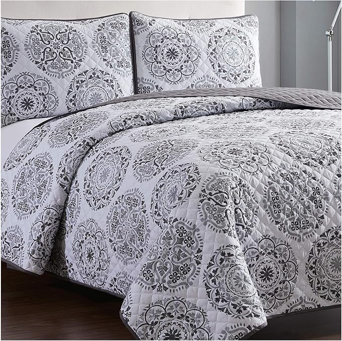 Mellanni Twin Bedspread Coverlet Set - Bedding Cover with Sham - Ultrasonic Quilting Technology - 2 Piece Oversized Quilt Set - Bedspreads & Coverlets (Twin, Rosette Gray)