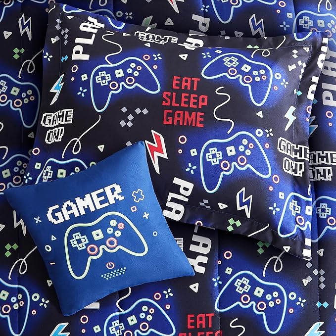 Kids Comforter Set Twin Size for Boys, Glow in The Dark Gamer Bedding Set 1 Comforter, 1 Decor Pillow, 1 Pillow Sham, Twin XL Comforter Set