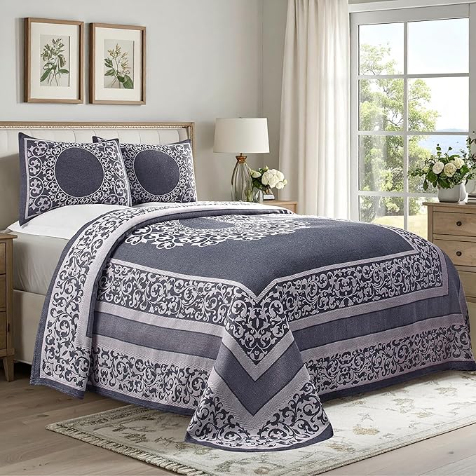 SUPERIOR Cotton Blend Bedspread Set, Includes Oversized Bedspread and 2 Matching Pillow Shams, Light Weight Blanket, Bedding Decor, Jacquard Vintage Floral Mandala, Lyron Collection - King, Denim Blue