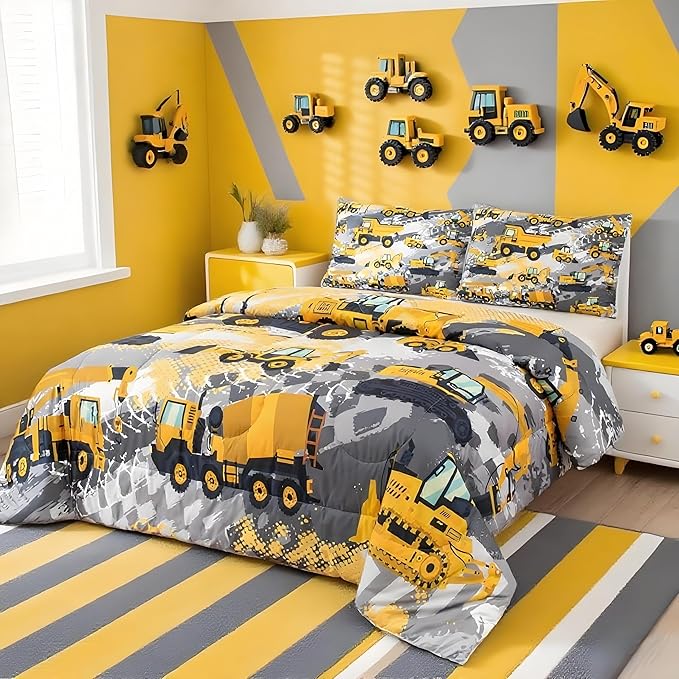 Feelyou Kids Construction Comforter Set Toddler Size Bedding Sets for Boys Children Cartoon Excavator Tractor Comforter Set Construction Machinery Truck Duvet Set Baby Boys Vehicles Cars Bed Set