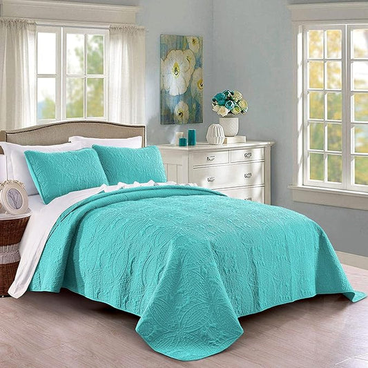 Pure Bedding Quilt Set King/Cal King/California King Size Aqua - Oversized Bedspread - Soft Microfiber Lightweight Coverlet for All Season - 3 Piece Includes 1 Quilt and 2 Shams, Geometric Pattern