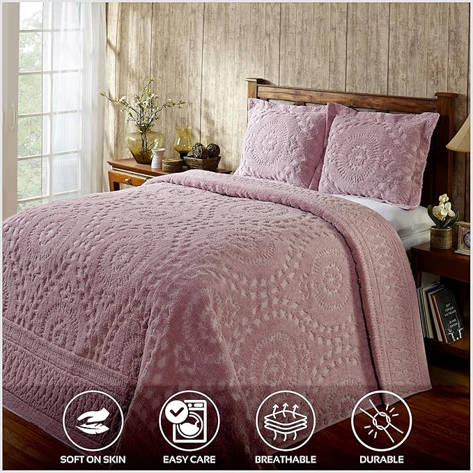 Better Trends 1 Piece Chenille Bedspread Full/Double Size 100% Cotton Chenille Bedding Lightweight Medallion Pattern Bedroom Decor Rio Collection