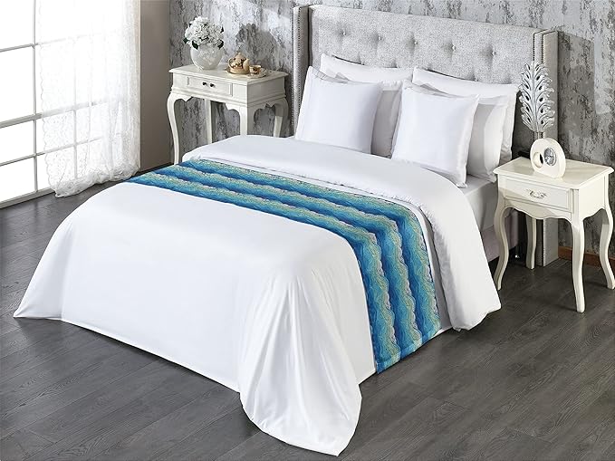 Lunarable Aquatic Bed Runner, Conceptual Ocean Themed Art Hand Drawn Waves Seascape Maritime, Decorative Accent Bedding Scarf for Hotels Homes and Guestrooms, Queen, Mint Green Pale Blue