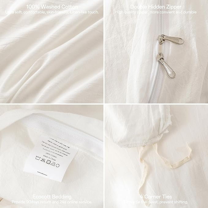 ECOCOTT White Duvet Cover California King Size, 100% Washed Cotton 1 Duvet Cover with Zipper and 2 Pillowcases, Ultra Soft and Easy Care Breathable Bedding Set (White, California King)