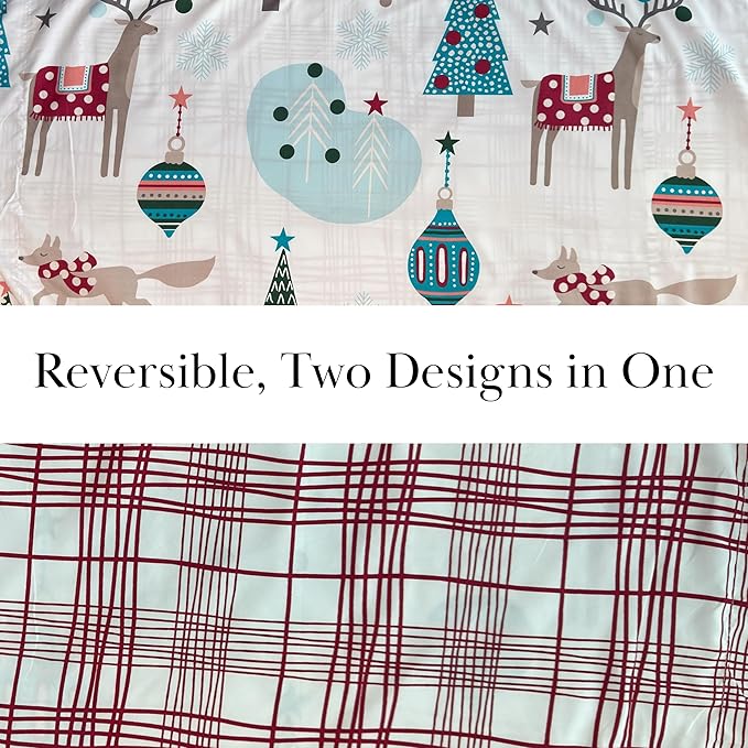 Southshore Fine Living, Inc. Christmas Bedding Set, Twin Size Christmas Quilt Set with Matching Pillow Sham, Holiday Bedding Set, Reversible Quilt, Cute Trees & Reindeer Over Red Plaid Print