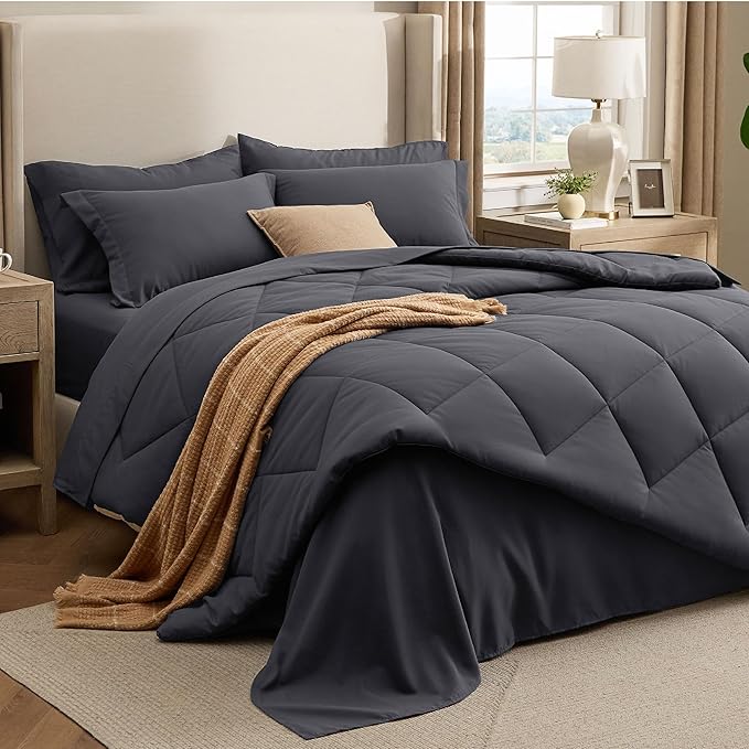 Bedsure 7 Pieces Full Comforter Set Premium Series, Hotel Luxury Soft Bed in a Bag, Goose Down Alternative, Safe for Sensitive Skin Bedding Comforter All Season Medium Warmth, Dark Grey Full Size