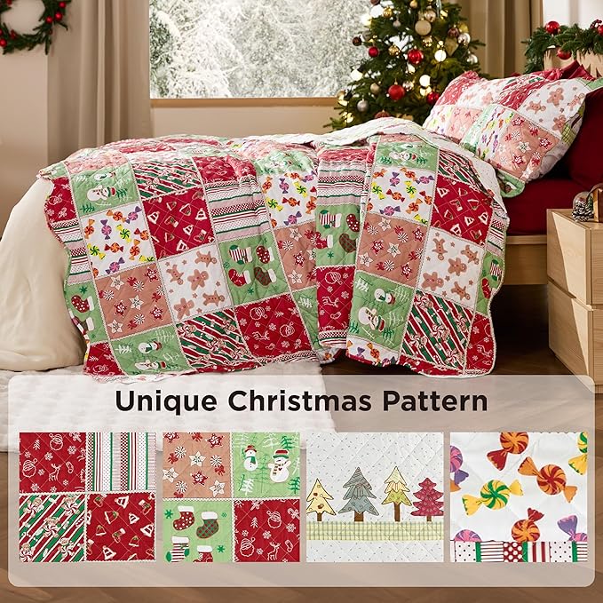 Bedsure Christmas Quilt Queen Size - Red Quilts for Queen Size Bed, Multicolor Patchwork Printed Pattern Christmas Bedding, Soft Lightweight Coverlet Bedspread (90"x96")