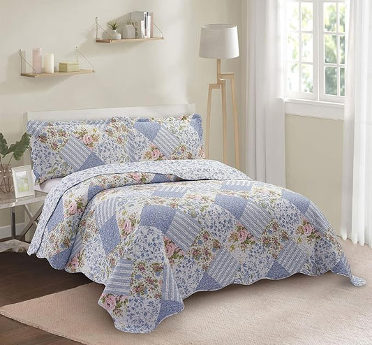 Brilliant Sunshine Blue Rose Patchwork, 3-Piece Quilt Set with 2 Shams, Reversible Bedspread, Soft Lightweight Coverlet, All-Season, King, Blue Rose