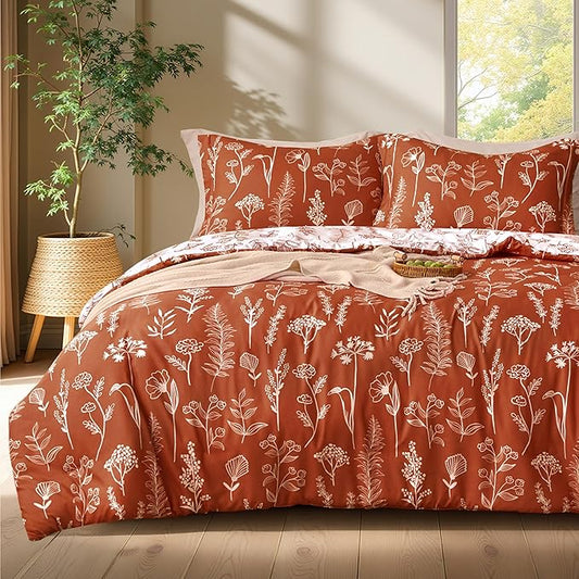 Joiedomi California King Comforter Set Terracotta, 3 Pieces Floral California King Bedding Set with 1 Soft Reversible Botanical Comforter and 2 Pillow Shams, Bed in a Bag for All Seasons