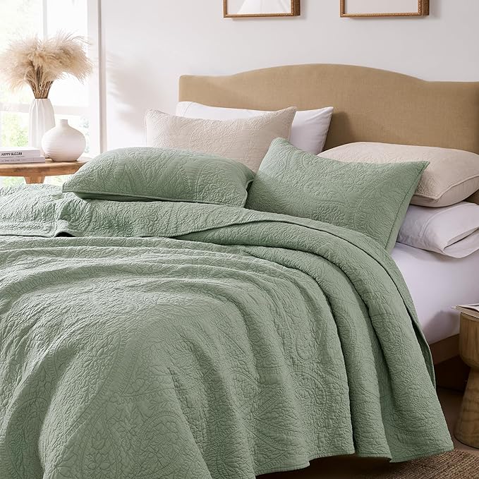 palassio Sage Green Paisley 100% Cotton Quilt Twin Size Bedding Sets with 1 Pillow Sham, Boho Floral Lightweight Farmhouse Country Vintage Soft Bedspread Shabby Chic Coverlet for All Season, 2 Pieces
