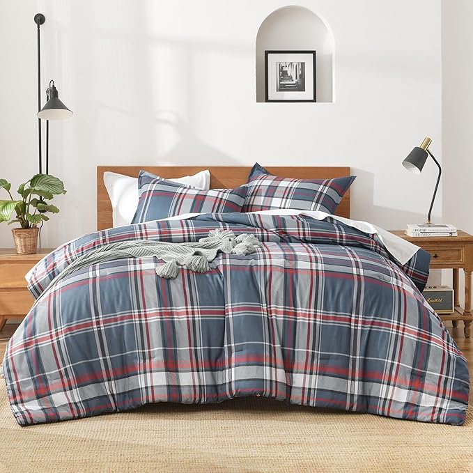 Andency Navy Red Plaid Comforter Set Twin(66x90 Inch), 2 Pieces Grid Gingham Stripes Bedding Comforter Sets for Boys Girls Kids Teens, Preppy Geometric Line Soft Lightweight Reversible Bed Set as Gift