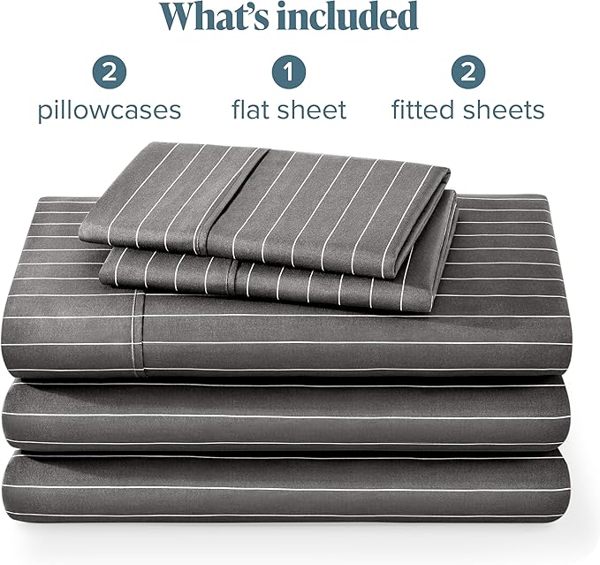 Bare Home Split King Sheet Set - 1800 Ultra-Soft Microfiber Double Brushed - Deep Pockets - Easy Fit - 5 Piece Set - Bed Sheets (Split King, Pinstripe - Grey/White)
