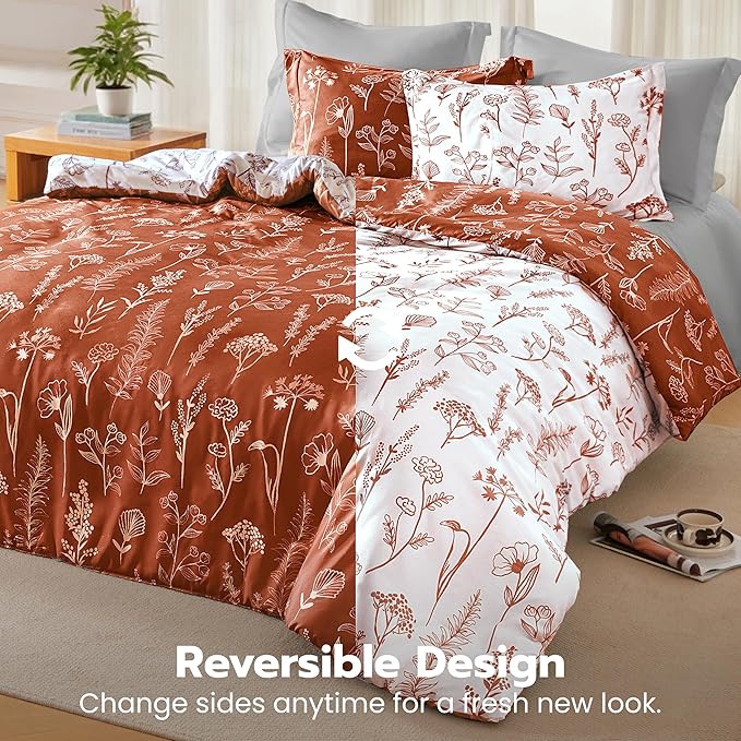 Joiedomi California King Comforter Set Terracotta, 3 Pieces Floral California King Bedding Set with 1 Soft Reversible Botanical Comforter and 2 Pillow Shams, Bed in a Bag for All Seasons