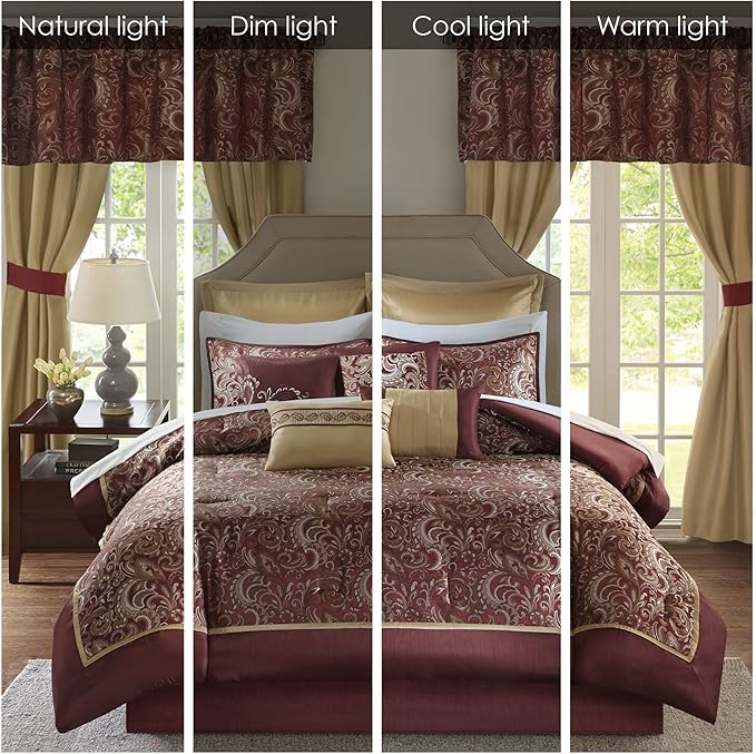 Madison Park Essentials Brystol 24 Piece Room in a Bag Faux Silk Comforter Jacquard Paisley Design Matching Curtains Down Alternative Hypoallergenic All Season Bedding-Set, Queen (90 in x 90 in), Red