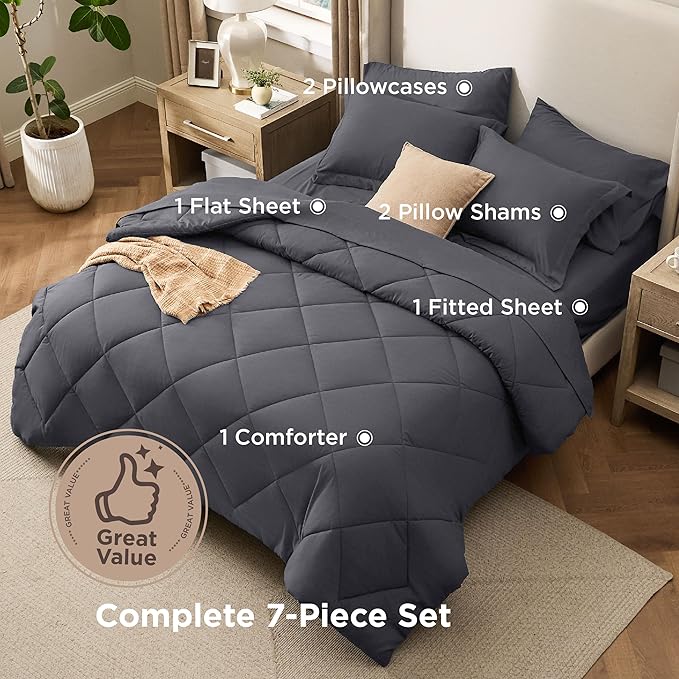Bedsure 7 Pieces Queen Comforter Set Premium Series, Hotel Luxury Soft Bed in a Bag, Goose Down Alternative, Safe for Sensitive Skin Bedding Comforter All Season Medium Warmth, Dark Grey Queen Size