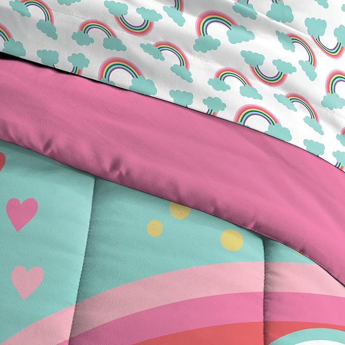 Dream Factory Kids 7-Piece Complete Bed Set Easy-Wash Super Soft Microfiber Comforter Bedding, Full, Teal Rainbow Flare, (2D872502TE)