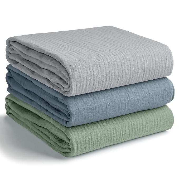 Comfy Cubs Muslin Swaddle Blankets Pack of 3, 42 x 42 Inch Soft 100% Cotton Baby Blanket Set, Large Wraps for Newborns - Self-Soothing Swaddles for Newborns - Heather Blue, Pacific Blue, Fern