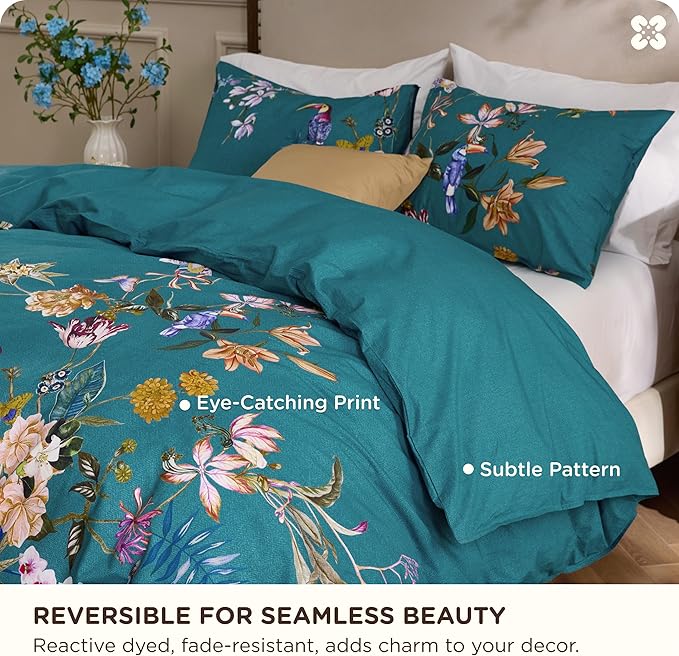 Bedsure 100% Cotton Reversible Chinoiserie Floral Duvet Cover King Size - Vintage Teal Bird Printed Comforter Cover with Zipper Closure & 2 Pillow Shams, No Comforter (Chinoiserie Teal 104"x90")