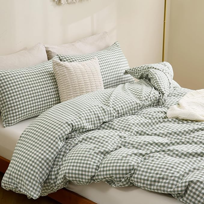 TOCOMOA Green Gingham Duvet Cover Bedding Set 100% Washed Cotton Like Linen Feel Super Soft Comfortable 3 Piece Vintage Plaid Checkered Comforter Cover Set (Queen 90"x90", Comforter Not Included)