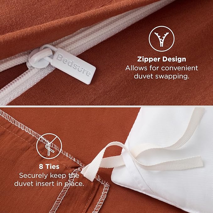 Bedsure Terracotta Duvet Cover Queen Size - 3 Pieces Prewashed Cotton-Like Extra Soft Bedding Set, Includes 1 Duvet Cover 90x90 Inches with Zipper Closure & 2 Pillow Shams, Comforter Not Included