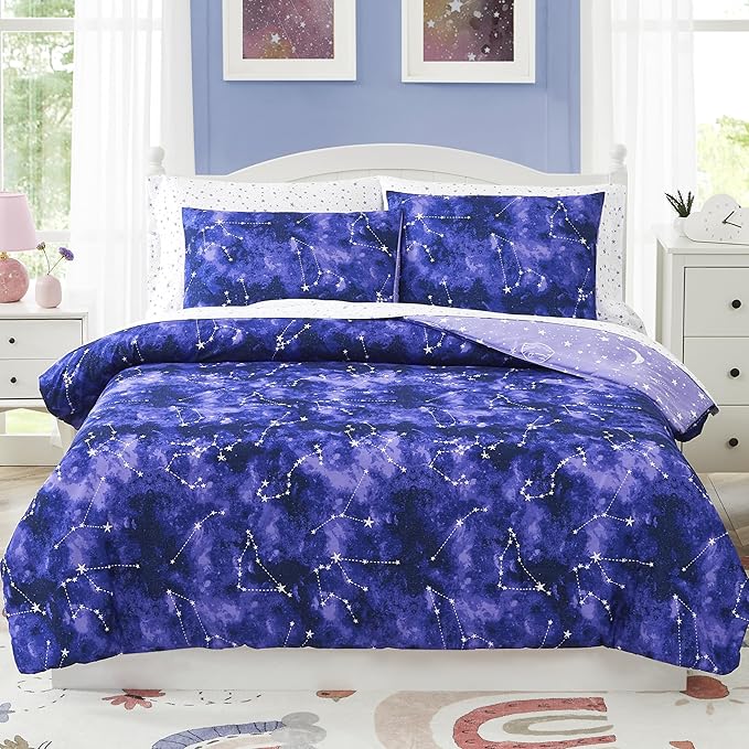 Twin Kids Comforter Set - 5 Pieces Twin Bedding Sets for Boys Girls Teen, Glow in The Dark Galaxy Bed in A Bag with Sheets