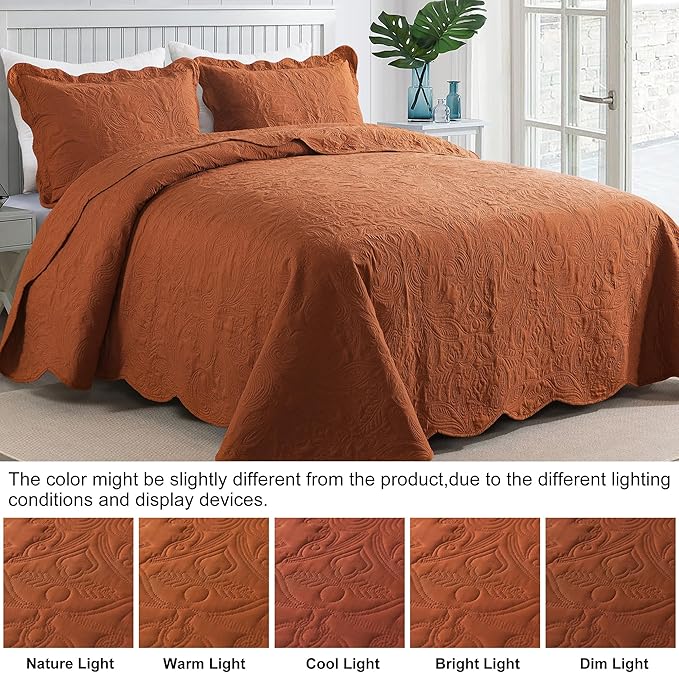 HoneiLife Queen Quilt Bedding Set - 3 Piece Microfiber Quilt Sets Lightweight Bedspreads Reversible Coverlets Retro Bed Cover Paisley Pattern Bedding Set All Season Quilts-Rust
