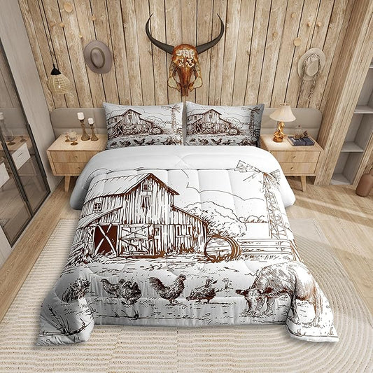 Windmill Comforter Set King, Rustic Barn Farmhouse Bedding, Chick Cow Farm Animals Down Comforter, Hand Drawn Illustration Bedding Comforters, Countryside Rural Meadow Room Decor Duvet Set, Taupe