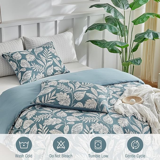 Lekesky Duvet Cover Queen Size, Reversible Teal Blue Floral Comforter Cover Set Queen Size 3pc, Soft 100% Washed Microfiber Breathable Bedding Sets with Zipper Ties and 2 Pillowcases