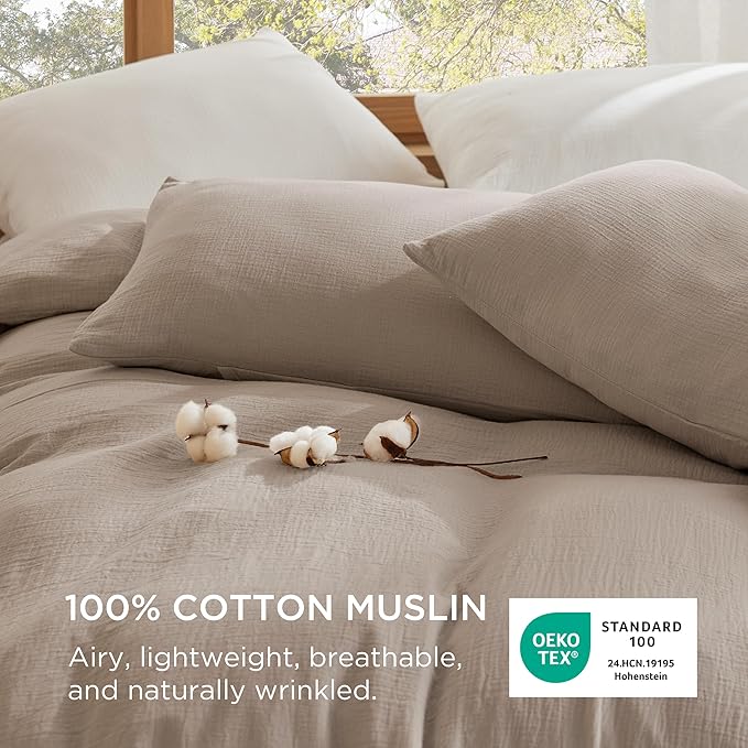 Bedsure 100% Muslin Cotton Duvet Cover King Size - Ultra-Soft, Breathable & Lightweight - Linen Like Gauze Comforter Cover Set with Button Closure and Corner Ties (Khaki, King, 104"x90")