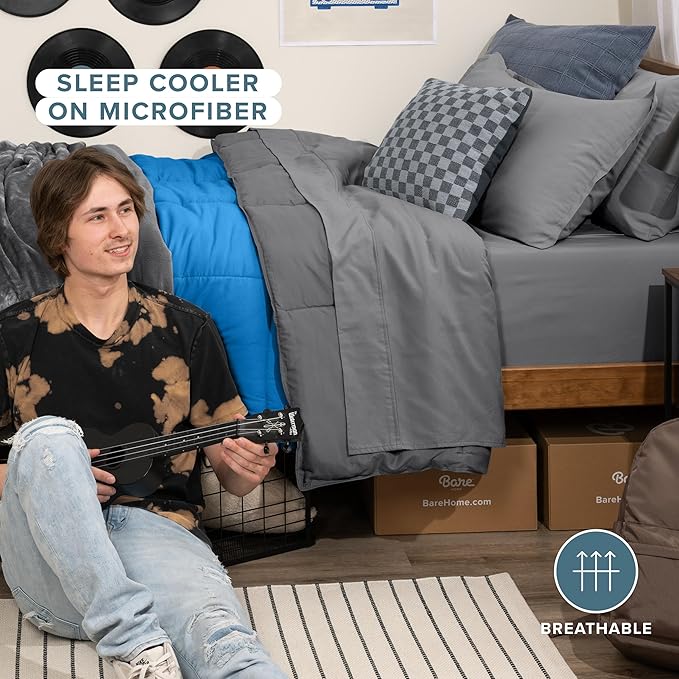 Bare Home Reversible Bed-in-A-Bag Comforter & Sheet Set - Twin - Down Alternative - Soft - Bedding Set (Twin, Medium Blue/Grey, Grey)