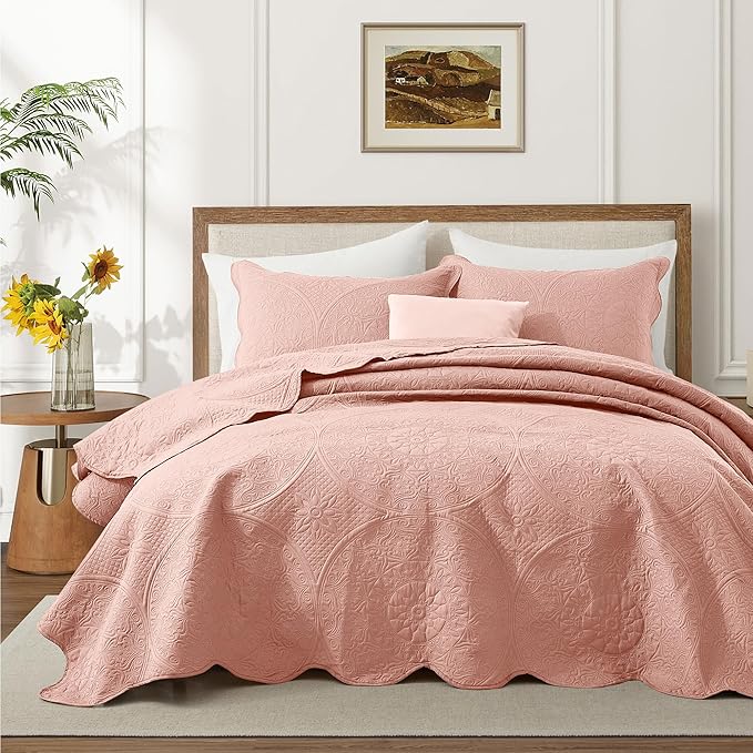 IR Imperial Rooms 8 Pack Quilt King Size Bedding (106" x 96") - Bulk Wholesale for Hotels, Guest Bedroom & Airbnbs - Lightweight Microfiber Reversible Floral Embossed Quilts Bedspreads (Peach)