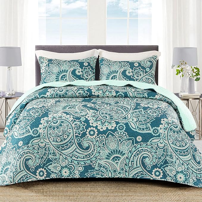 Whale Flotilla Reversible Printed Quilts Queen Size, Extra Soft Boho Paisley Floral Bedspreads for Bed Lightweight Full Queen Quilt Bedding Set Coverlets with 2 Pillow Shams for All Seasons, Turquoise