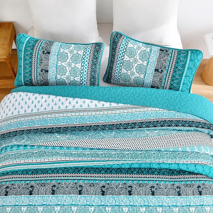 WONGS BEDDING Boho Quilt Set Queen Size, Teal 3 Pieces Bohemian Striped Patchwork Bedspread Coverlet, Lightweight Soft Microfiber Bedding Set for All Season (96"x90")