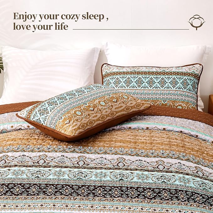 WONGS BEDDING Boho Fall Quilt Set California King, Brown Bohemian Striped Pattern Printed Quilt Coverlet, Lightweight Microfiber Bed Decor Bedspread for All Season 106"x96"(3 Pieces, Cal King)