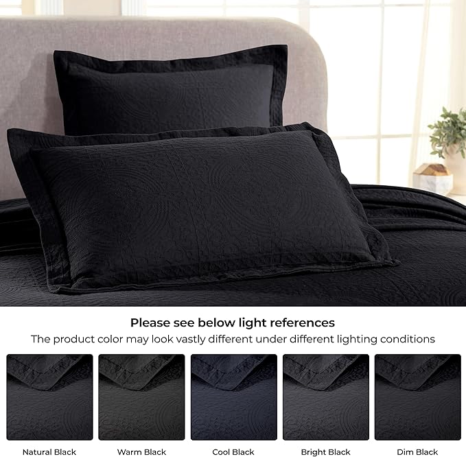 Superior Cotton Fleur De Lis Bedspread Set, Warm Blankets, All-Season Bedding, Bedroom Decor, Decorative Boho Medallion Coverlet, Includes 1 Bedspread, 2 Pillow Shams, Full, Black