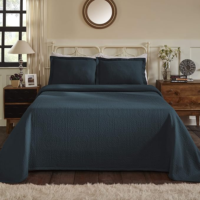Superior Cotton Fleur De Lis Bedspread Set, Warm Blankets, All-Season Bedding, Bedroom Decor, Decorative Boho Medallion Coverlet, Includes 1 Bedspread, 2 Pillow Shams, Full, Deep Sea