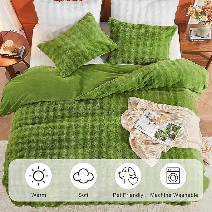 EMME Faux Fur Duvet Cover Queen Size, 3 Pieces Ultra Soft Fluffy Comforter Cover, Cozy Warm for Winter, Luxury Elegant Shaggy Bubble Design Bedding, 1 Duvet Cover & 2 Pillow Shams (Queen, Green)