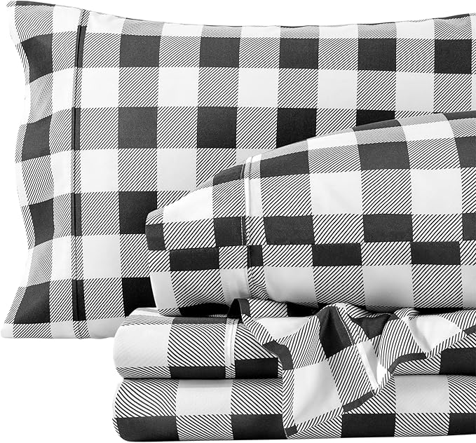 Bare Home King Sheet Set - Luxury 1800 Ultra-Soft Microfiber Double Brushed - Deep Pockets - Easy Fit - 4 Piece Set - Bedding Sheets & Pillowcases (King, Buffalo Plaid - White/Black)