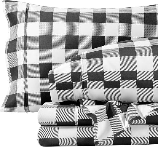 Bare Home King Sheet Set - Luxury 1800 Ultra-Soft Microfiber Double Brushed - Deep Pockets - Easy Fit - 4 Piece Set - Bedding Sheets & Pillowcases (King, Buffalo Plaid - White/Black)