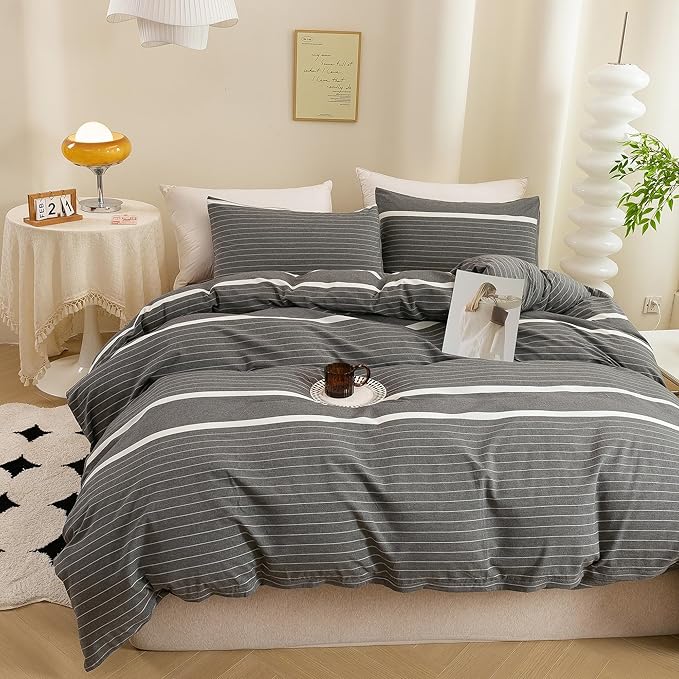 ECOCOTT 3 Pieces Duvet Cover Queen Size, 100% Washed Cotton 1 Duvet Cover with Zipper and 2 Pillowcases, Ultra Soft and Easy Care Breathable Cozy Simple Style Bedding Set(Grey Striped)