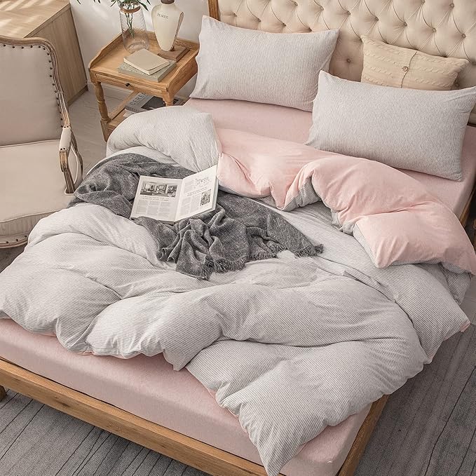 PURE ERA Jersey Knit Duvet Cover Set 100% T-Shirt Heather Cotton Super Soft Comfy Classic Striped Design, with Zipper Closure, Grey Light Pink Pinstripe, King