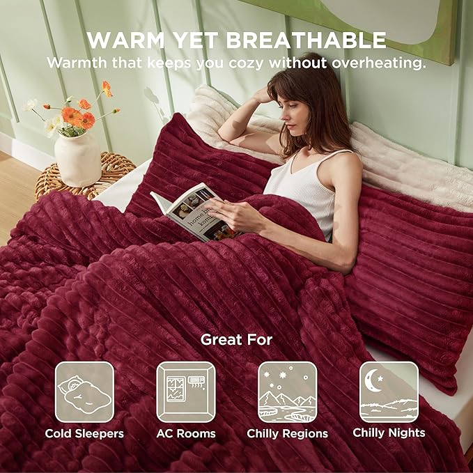 Bedsure Comforter Full Size - GentleSoft™ 3 Pieces Fluffy Double-Side Fleece Comforter Set, Cozy Striped Room Decor Aesthetic, Luxury Red Full Size Bedding with 2 Pillowcases, 82x86 Inches