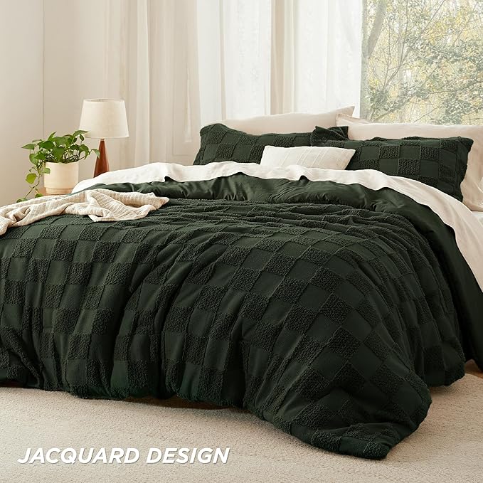 Bedsure Twin/Twin XL Size Comforter Set Dark Olive Green, Boho Tufted Bed Set, Checkered Farmhouse Shabby Chic Bedding, 2 Pieces, 1 Plaid Geometric Comforter and 1 Pillow Sham