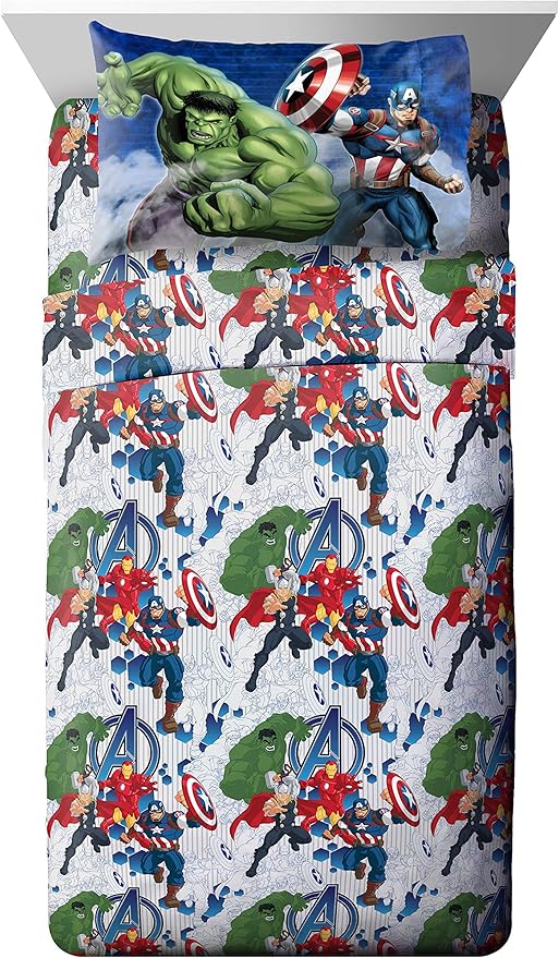 Marvel Avengers Blue Circle 5 Piece Full Bed Set - Includes Reversible Comforter & Sheet Set - Bedding Features Captain America & Iron Man - Fade Resistant Microfiber (Official Marvel Product)