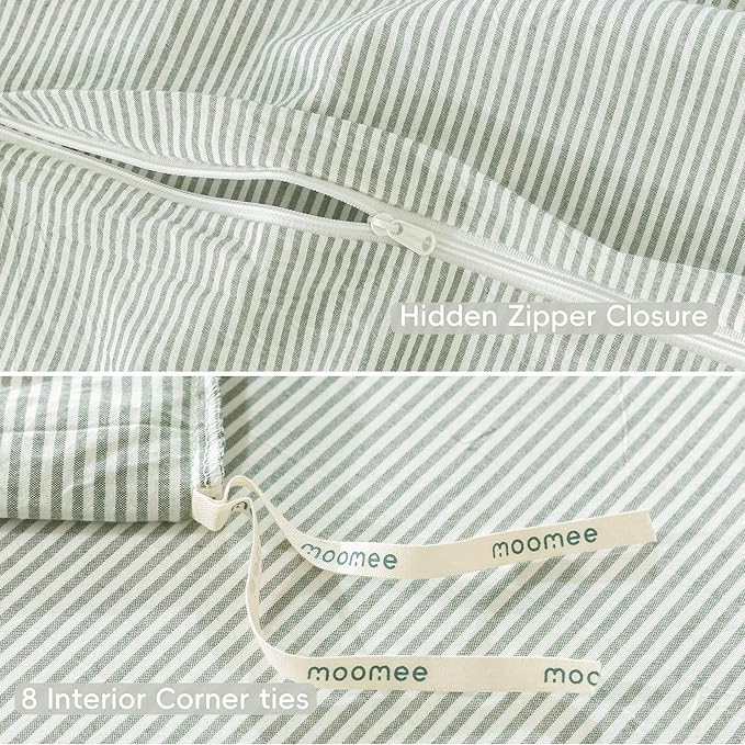 MooMee Striped Duvet Cover Set 100% Washed Cotton Linen Like Textured Breathable Durable Soft Comfy (Sage Green White Pinstripes, Super King 108"x98")