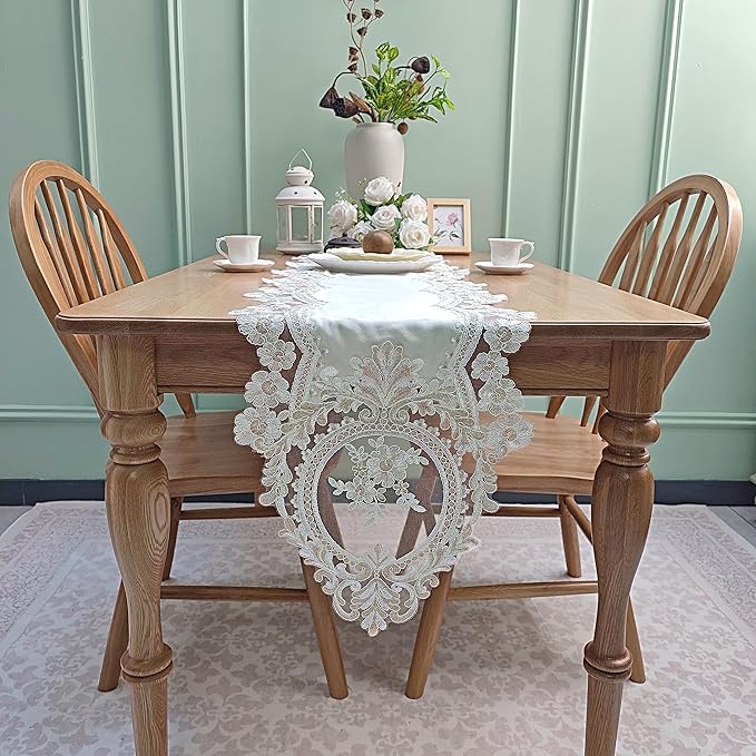 Elegant Vintage Lace Table Runner 72 inches(180cm) Long Beige Gold with Exquisite Macrame and Embroidered Floral Pattern Perfect as a Dresser Scarf (14X72'')