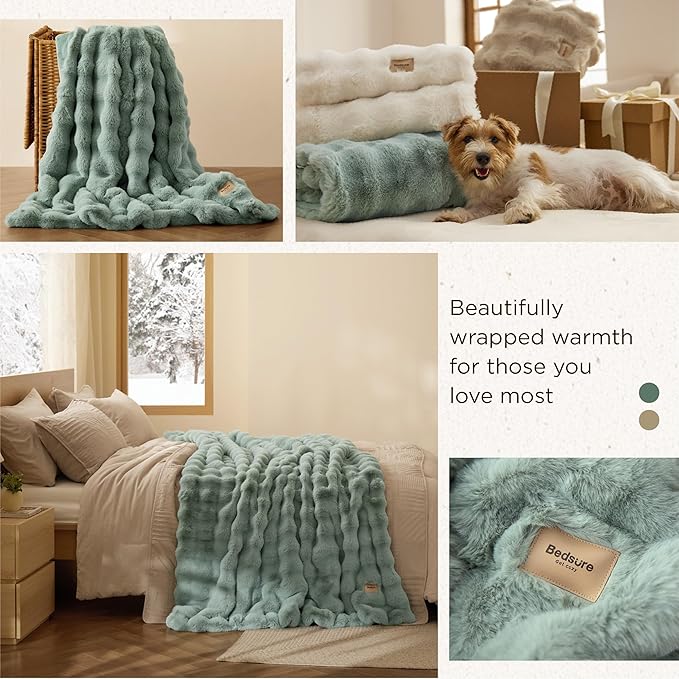 Bedsure GentleSoft Fluffy Fuzzy Twin Blanket, Soft Cozy Fleece Faux Fur Blanket, Pink Decorations Minky Velvet Couch Cover, Thick Warm Plush Women Men Birthday Gifts, 870GSM, Sage Green
