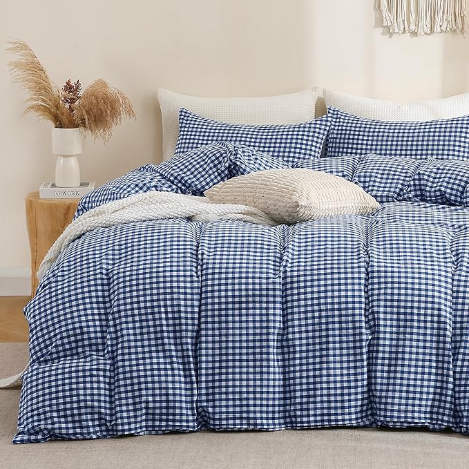 TOCOMOA Navy Blue Gingham Duvet Cover Bedding Set 100% Washed Cotton Like Linen Feel Super Soft Comfy 3 Piece Dark Blue Plaid Checkered Comforter Cover Set (Queen 90"x90", Comforter Not Included)