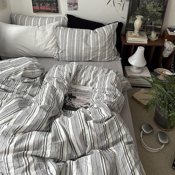 mixinni Vintage Gray & White Striped Duvet Cover Set - 3 Piece 100% Washed Cotton King Size Bedding | Minimalist Gender-Neutral Design | Ultra-Soft Breathable, with Zipper Closure & Corner Ties