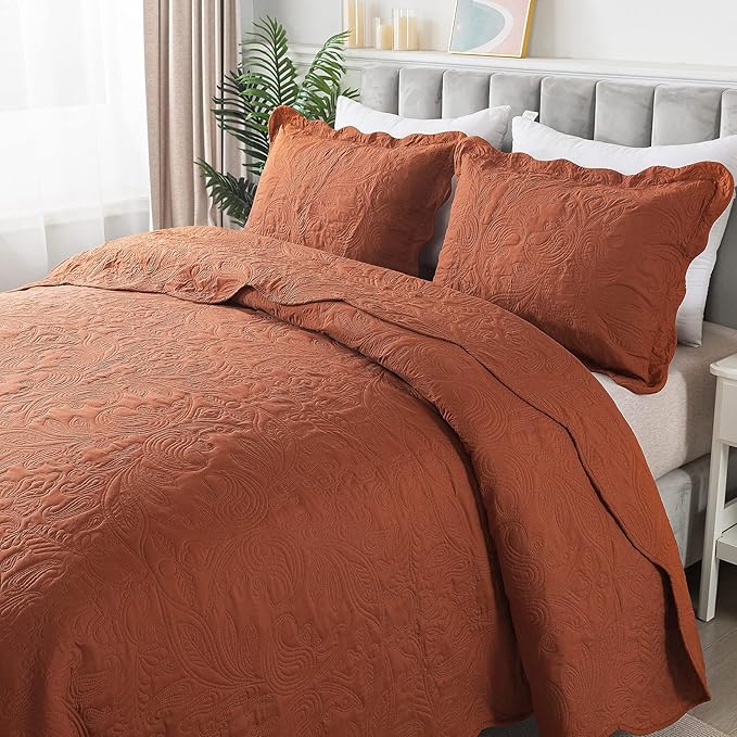 HoneiLife Embroidered Quilt King Size - 3 Piece Microfiber Quilt Sets Lightweight Bedspreads Reversible Coverlets Retro Bed Cover Paisley Pattern Bedding Set All Season Quilts-Rust